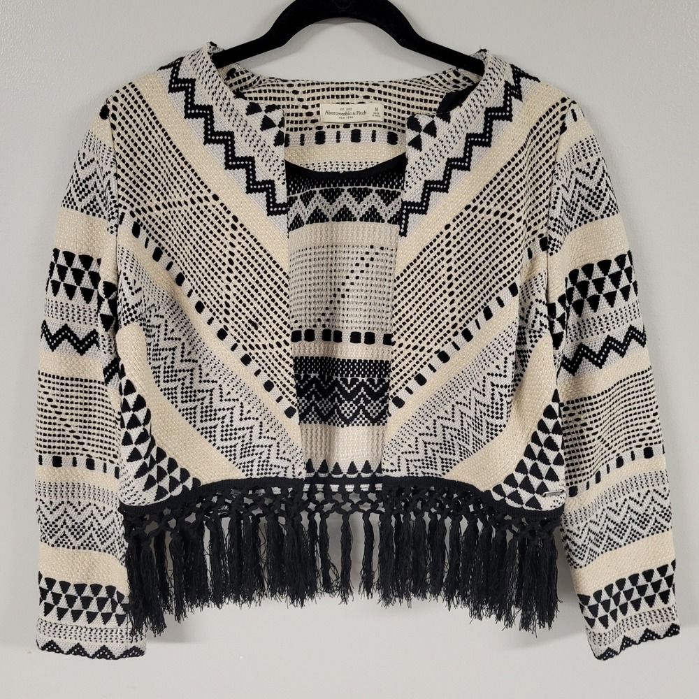 Abercrombie & Fitch M Jacket Fringe Trim‎ Cream Black Woven Bohemian Aztec
